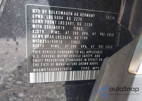 2017 Volkswagen Tiguan 2.0T Sel from USA, damaged, VIN WVGWV7AX6HK019678